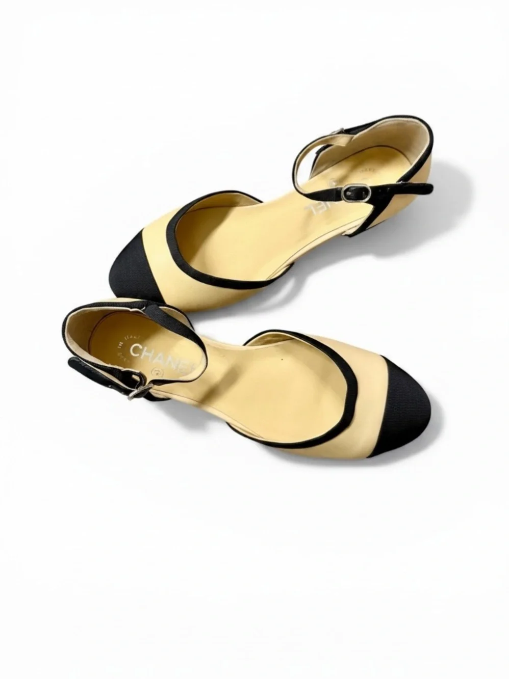 Chanel Two-Tone Beige & Black Mary Jane Flat Ankle Strap Shoes 40